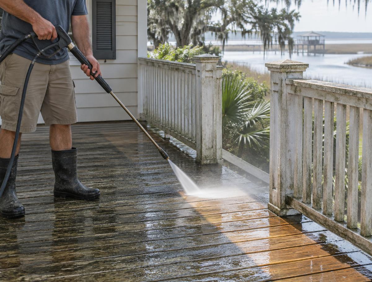 Pressure washing a wooden porch